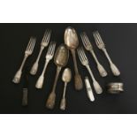 A small collection of George III and later silver flatware, a napkin ring and other similar
