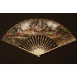 A French fan, probably 19th century, with painted ivory sticks, the paper painted on each side