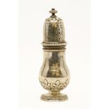 A silver sugar caster, the pierced dome above baluster body, with leaf detail, London 1935,