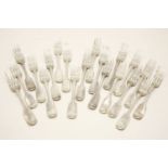 Twenty fiddle pattern silver side forks, various dates and makers, approximately 33 troy oz in