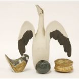 A gannet ewer,by Sally Somerville,27cm high, a pot and cover,incised in ochre,8cm diameter,a blue