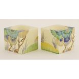 A pair of Clarice Cliff Bizarre 'Rhodanthe' candle holders,printed and moulded marks, 6cm high (2)