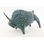 A Raymor pottery bull,by Antonio Bagni, in turquoise, 29cm long