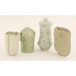 A collection of four studio ceramics:a lidded vessel, with pinched and impressed details, with a