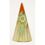 A Clarice Cliff Bizarre conical sugar sifter,the pierced orange tip over flower heads, in shades