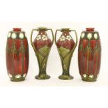 A pair of Minton Secessionist vases,each tubelined with panels of flowers, in red and green, printed
