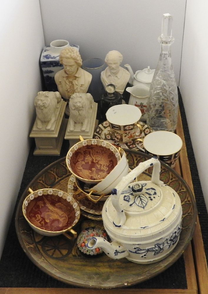 A Webb Corbett engraved decanter, four Royal Crown Derby red and gilt decorated twin handle cups and