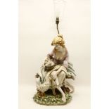 A large Italian ceramic figural lamp base, in the form of a young girl tending geese, signed to