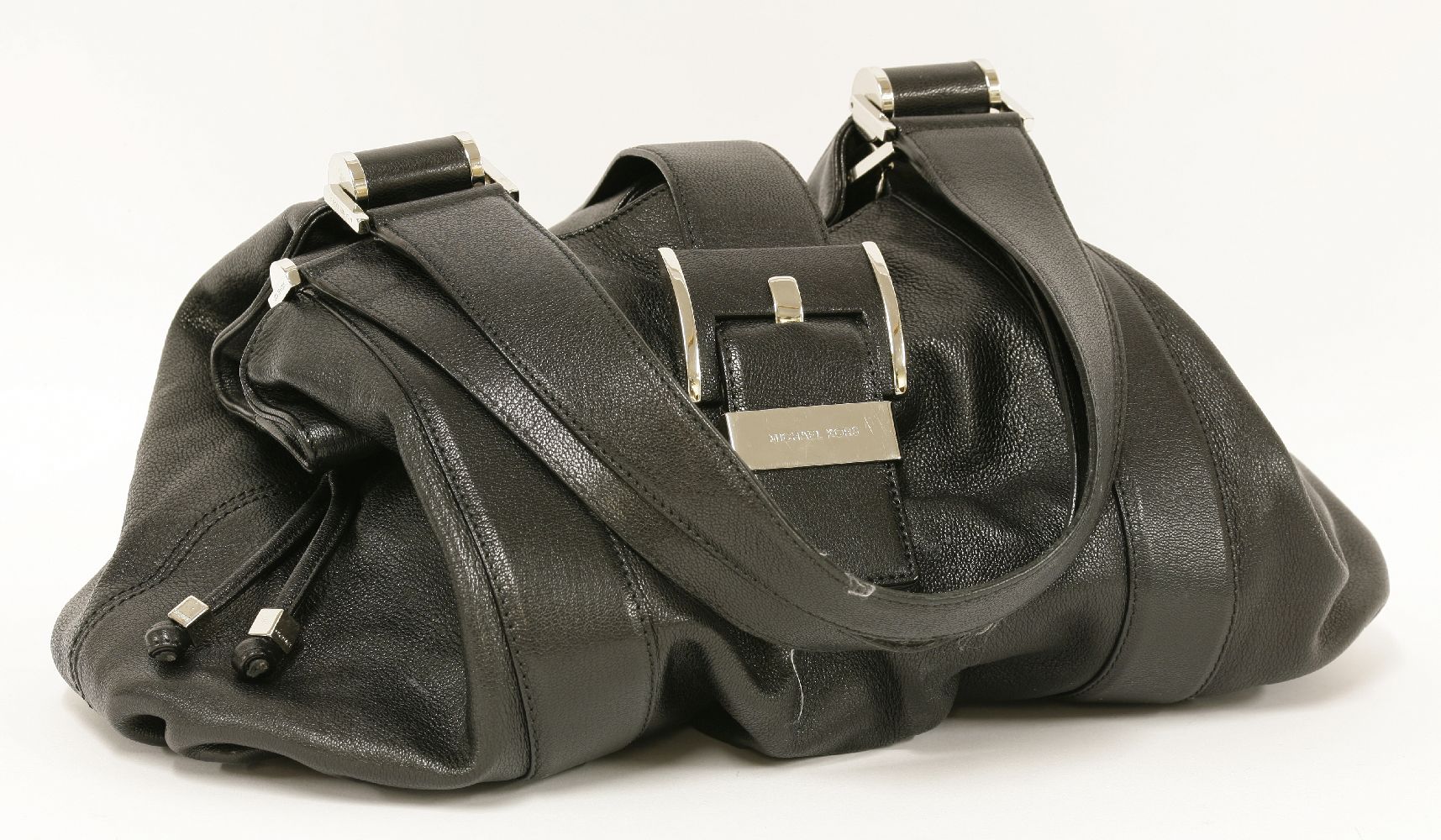 A Michael Kors black leather shoulder handbag, soft grain calfskin leather with silver-tone