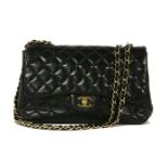 A Chanel classic large single black quilted lambskin leather flap bag,with exterior back pocket,