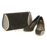 A Gina of London black kid suede and textured pewter colour clutch handbag,together with a pair of