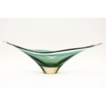 A large Art Glass navette form bowl of green colouration, 49 x 17 x 15 cm