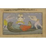 An Indian miniature painting,late 18th century, of a four-headed guardian seated on a lotus