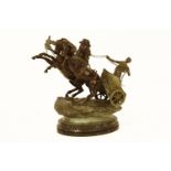 A reproduction bronze figure group, depicting a Roman figure in a chariot with two rearing horse