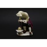 A porcelain figure of a beggar sat by a brazier, 19th century, after Chelsea and on naturalistically