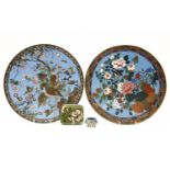 Two 1920s Japanese cloisonné chargers, blue ground with a floral and bird motif, a 1920s cloisonné
