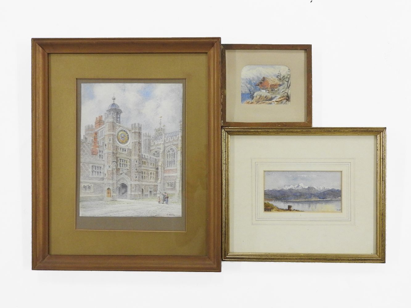 Two small watercolours of Alpine scenes, and one of a market square, signed Ward, 29 x 24cm, (3)