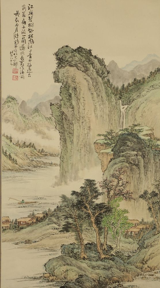 A Chinese gouache hanging scroll,20th century, attributed to Chen Hezhang, painted with a man