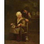 Dutch School, 19th centuryA COTTAGE INTERIOR WITH A WOMAN SEATED WITH A CAT, AND A MAN SMOKING A