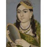 An Indian portrait painting,early 19th century, of a lady in elaborate jewellery and wearing a green