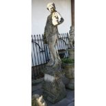 A reconstituted stone figure of a maiden in Grecian dress carrying amphora, on a scrolling