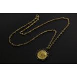 A 1900 gold sovereign, channel set in a 9ct gold mount on a 9ct gold Prince of Wales chain23.30g