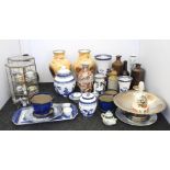 Sundry china items including ink and lemonade bottles, vases, and two small modern glazed cabinets