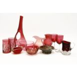 Twelve items of cranberry and other glassware