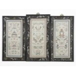 A set of three framed Chinese embroidered silk panels, largest 34.5cm x 67cm