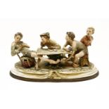 Capodimonte 'The Gamblers' porcelain sculpture on a wooden base, signed indistinctly to the base,