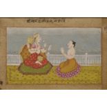 An Indian miniature painting,late 18th century, of a lady in a red sari reading scripture to a