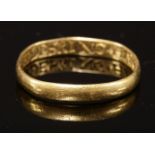 A plain gold posy ring,possibly 18th century, of 'D' section form with a hand engraved posy to the