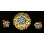 A Victorian gold, diamond and turquoise shield-style brooch and matched earring suite,the circular