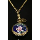 A ladies' gold Swiss fob watch,with polychrome enamel back case suspended on a gold guard chain. The