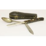 Two silver travelling setsboth of penknife form, one George III tortoise with silver spoon, silver