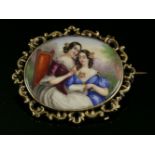 A Victorian painted Berlin enamel plaque brooch,depicting two ladies in 18th century costume to a