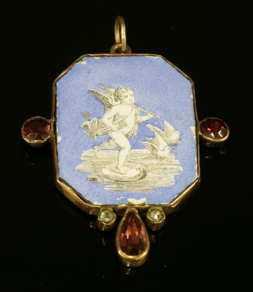 A Georgian garnet, diamond and enamel plaque pendant,with an hexagonal enamel plaque depicting