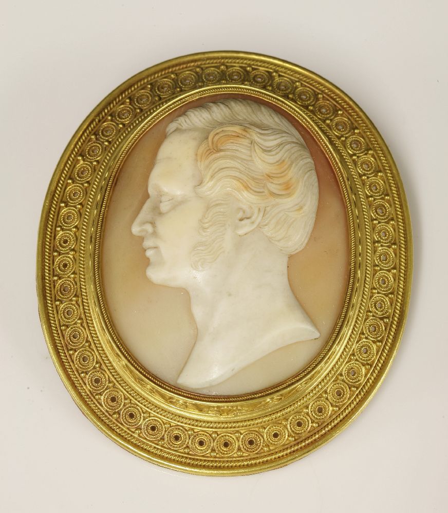 An Archaeological Revival gold shell cameo brooch, c.1865,by Castellani. The oval carved shell cameo - Image 2 of 6