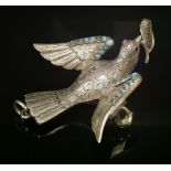 A Victorian and silver, turquoise set, dove pendant/brooch,with a naturalistic dove with lines of