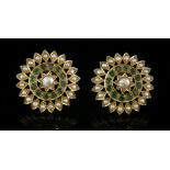 A pair of Indian pearl and emerald starflower cluster earrings,with a circular baroque pearl,