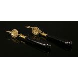 A pair of gold, Victorian, Etruscan-style, onyx drop earrings,with a wirework flower head and bead