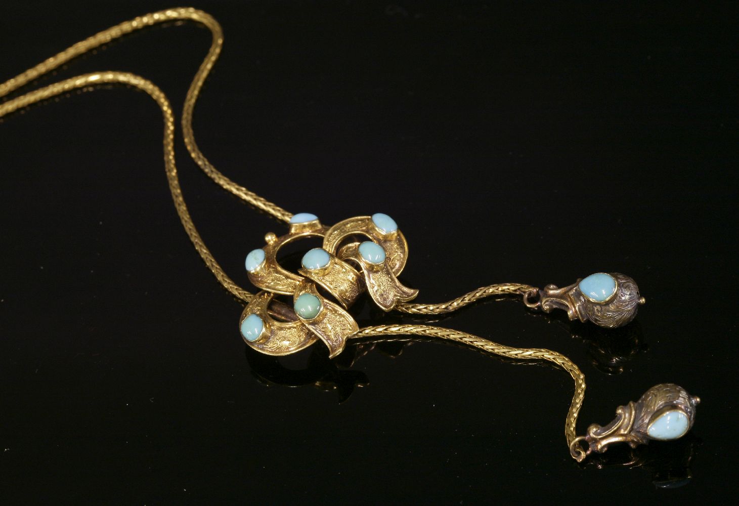 A cased early Victorian, gold, turquoise lariat necklace, c.1845,with an adjustable knot - Image 3 of 3