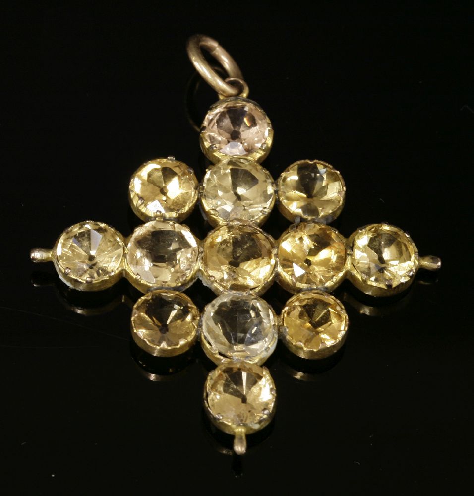 A Georgian gold topaz and citrine cruciform lozenge-shaped pendant,composed of assorted circular