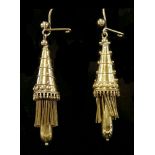 A pair of Victorian gold Etruscan-style drop earrings,with a cone decorated with Etruscan-style