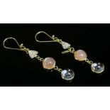 A pair of gold, moonstone and blue topaz drop earrings,with a circular cabochon moonstone, rub set