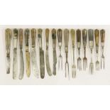 Eight knives and eight forks,with agate handles, of various shape and size, the majority with