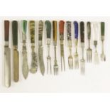 An associated group of five knives and eight forks,c.1750,various hardstones and faceted handles,