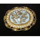 A Victorian diamond, split pearl and enamel brooch,with a central forget-me-not set with a rose