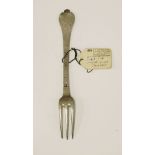 A rare James II three-prong trefid table fork,crested, maker's mark IC with pellet & cinquefoil,