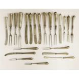 Twelve forks and nine forksthe majority silver with steel or iron tines and blades, including pistol